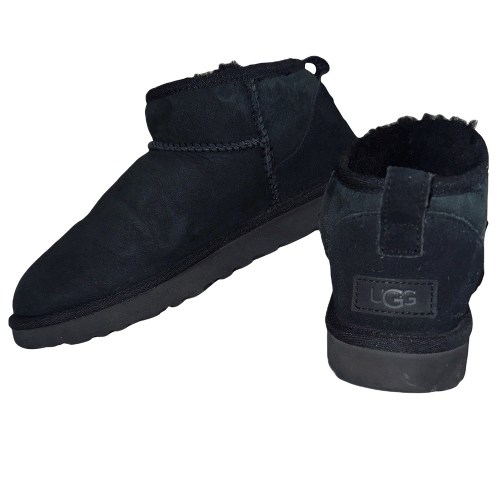 UGG Classic Ultra Mini Black Suede Sheepskin Ankle Boots Womens 8 Slipper Shoe